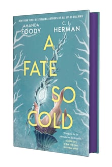A 3D book shot of the hardcover edition of A Fate So Cold by Amanda Foody and C.L. Herman — featuring purple sprayed edges.