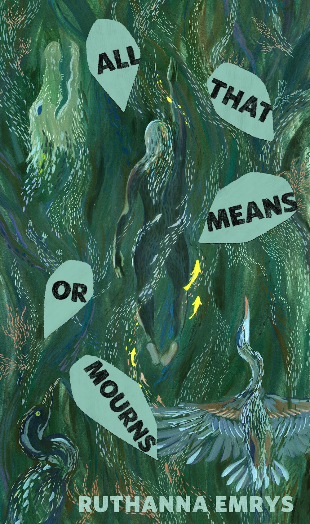 The vague figure of a woman fades into the outline of trees, surrounded by a dragon, fish, a lizard, bugs, and two cranes