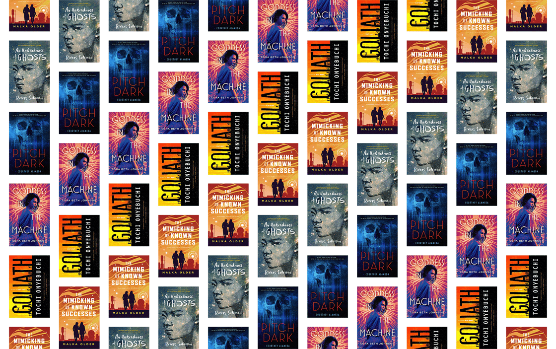 A collage of book covers, including The Mimicking of Known Successes, Goddess Machine, and An Unkindness of Ghosts