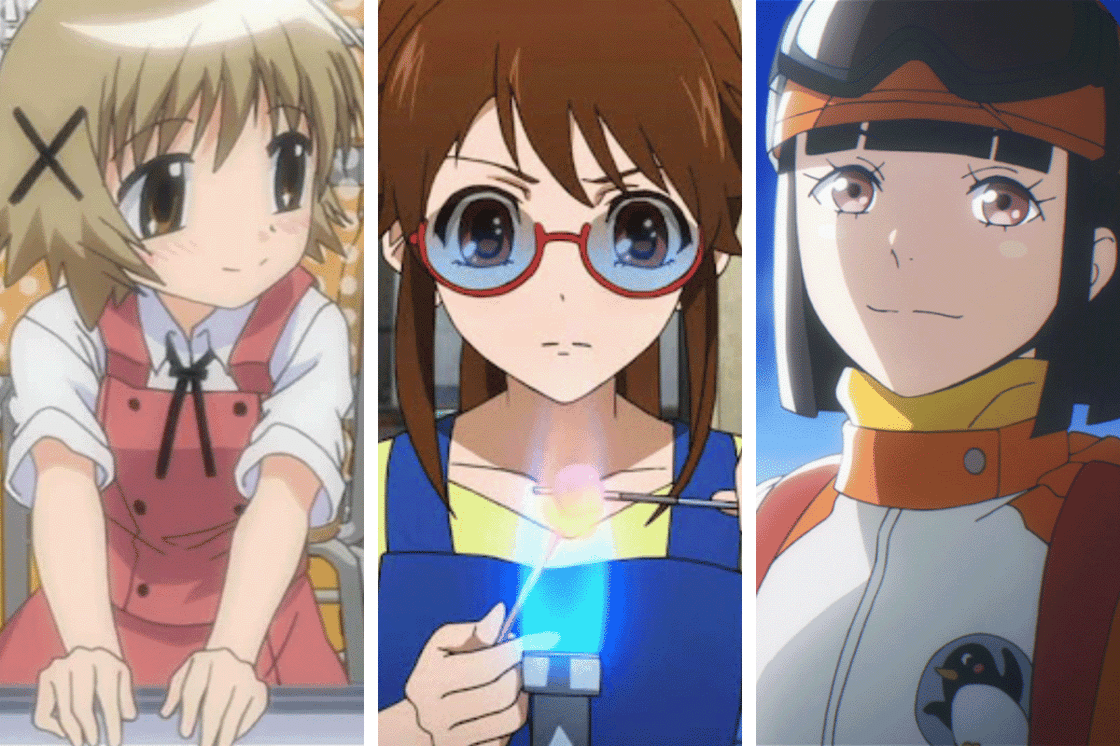 Images from three anime series: Hidamari Sketch, Glasslip, and A Place Further From the Universe