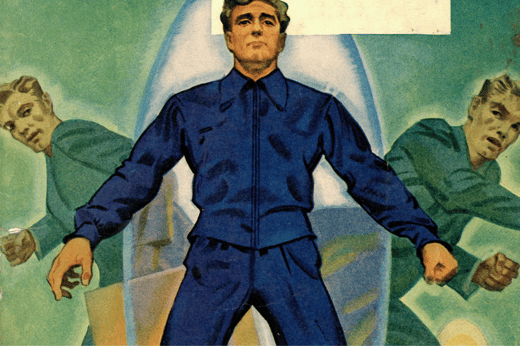 The cover of By His Bootstraps by Robert Heinlein. Two identical men run out of a portal standing behind another identical man