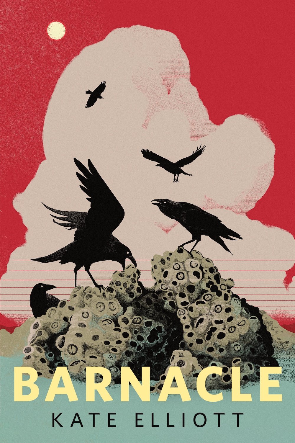 Crows peck at a clump of barnacles against a red, cloudy sky