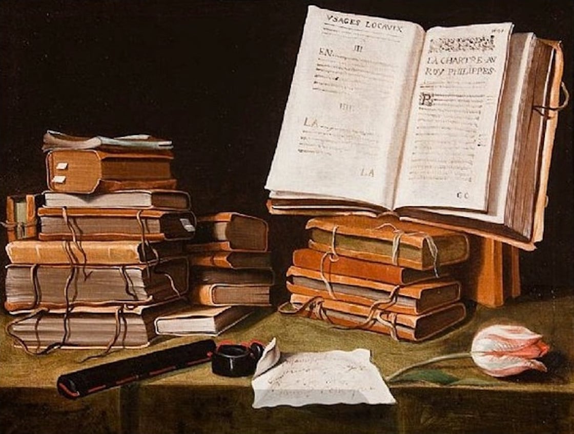 A still life painting of an open book, propped up on another stack of books