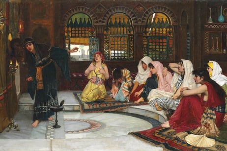 A painting by John William Waterhouse. A group of women crowd around a frightened-looking oracle in black, who stands behind a smoking bowl.
