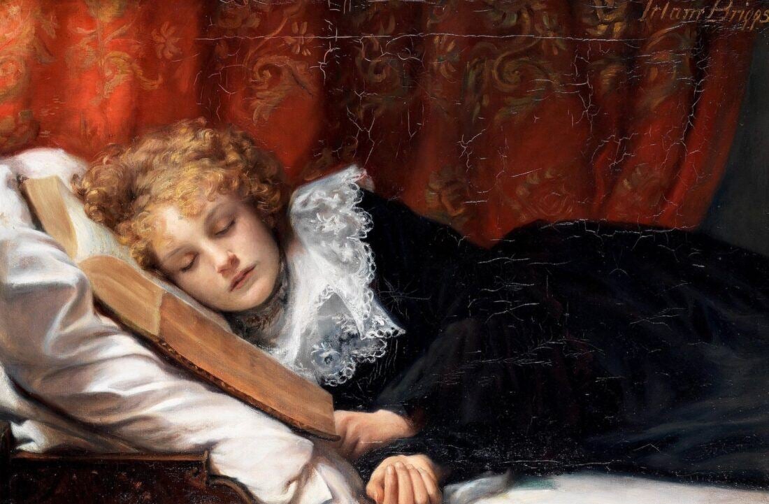 A painting of a young girl using an open book as a pillow