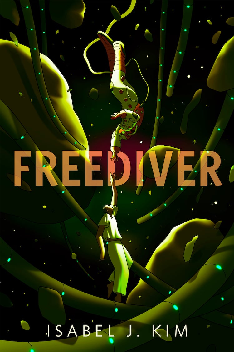 Two people, one in a t-shirt and loose pants standing vertically and the other in a spacesuit standing upside-down, reach towards one another among a forest of abstract green glowing shapes