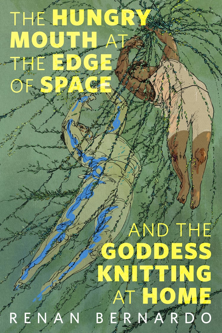 Two figures floating on a green background. One holds a tangle of vines in one hand, fully illustrated, while the second figure appears as a sketchy figure trapped in the vines