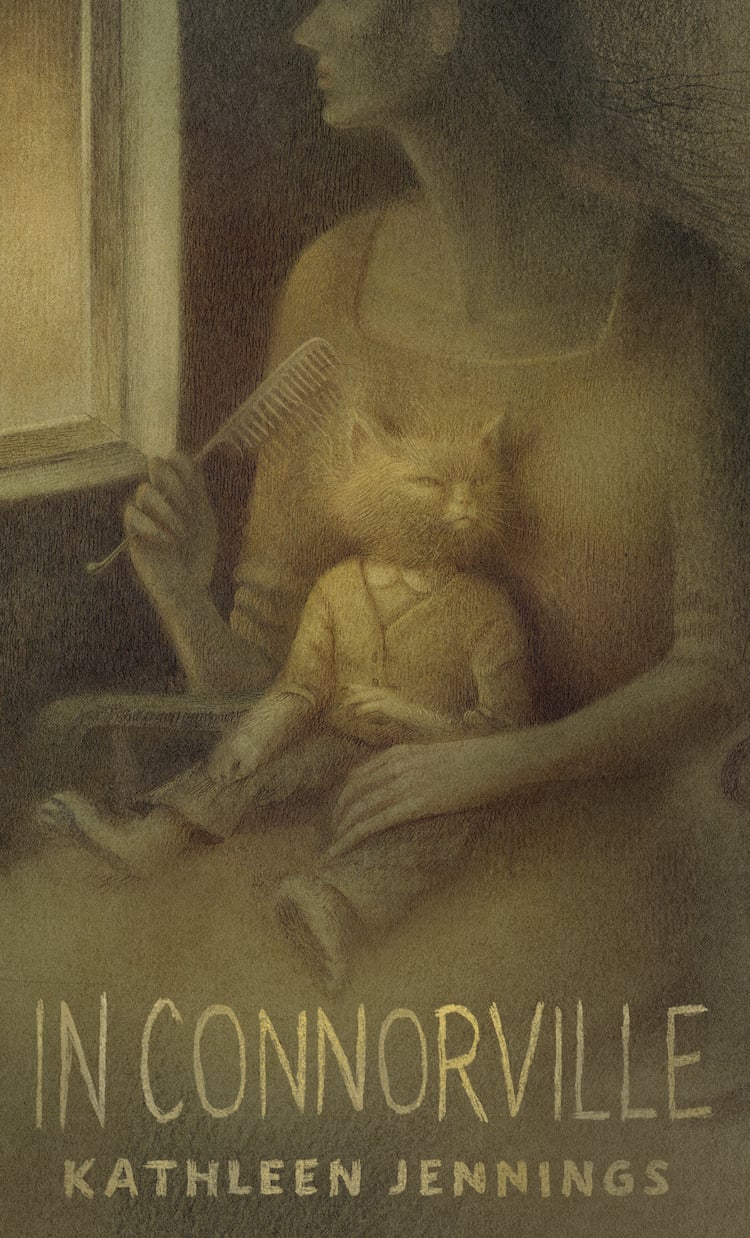 The cover for In Connorville by Kathleen Jennings. A woman holds a small cat wearing baby clothes in her lap, a comb clutched in one hand