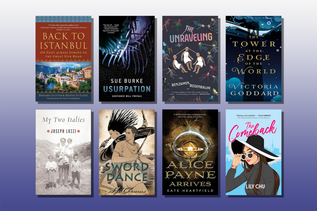 A collage of book covers, including The Comeback, Alice Payne Arrives, The Unraveling, My Two Italies, and Sword Dance