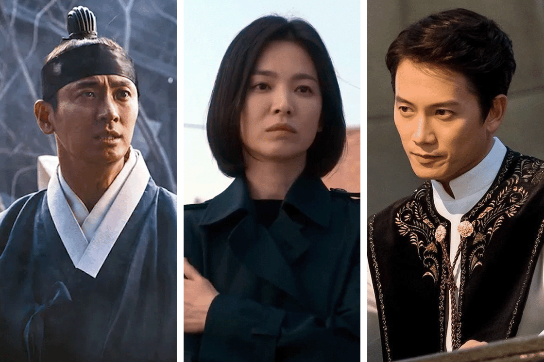 A triptych of images with screenshots from different K-Dramas, including Kingdom, The Glory, and The Devil Judge