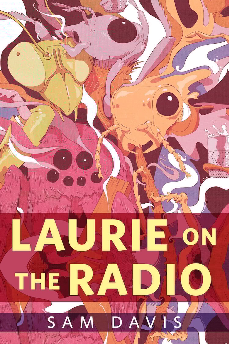 The cover for Laurie on the Radio, featuring pastel-colored bugs crowded around the title