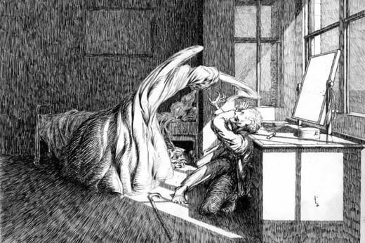 Illustration by James McBryde for M. R. James's story "Oh, Whistle, And I'll Come To You, My Lad", first published in "All Hallows Eve 1904"