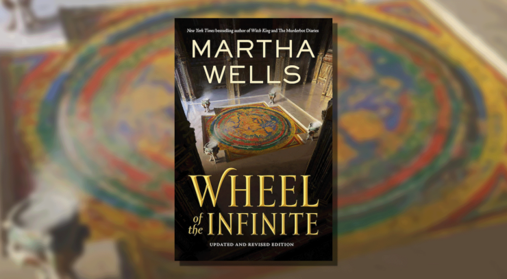The book cover for Martha Wells' Wheel of the Infinite. A giant tapestry rests in an opulent room