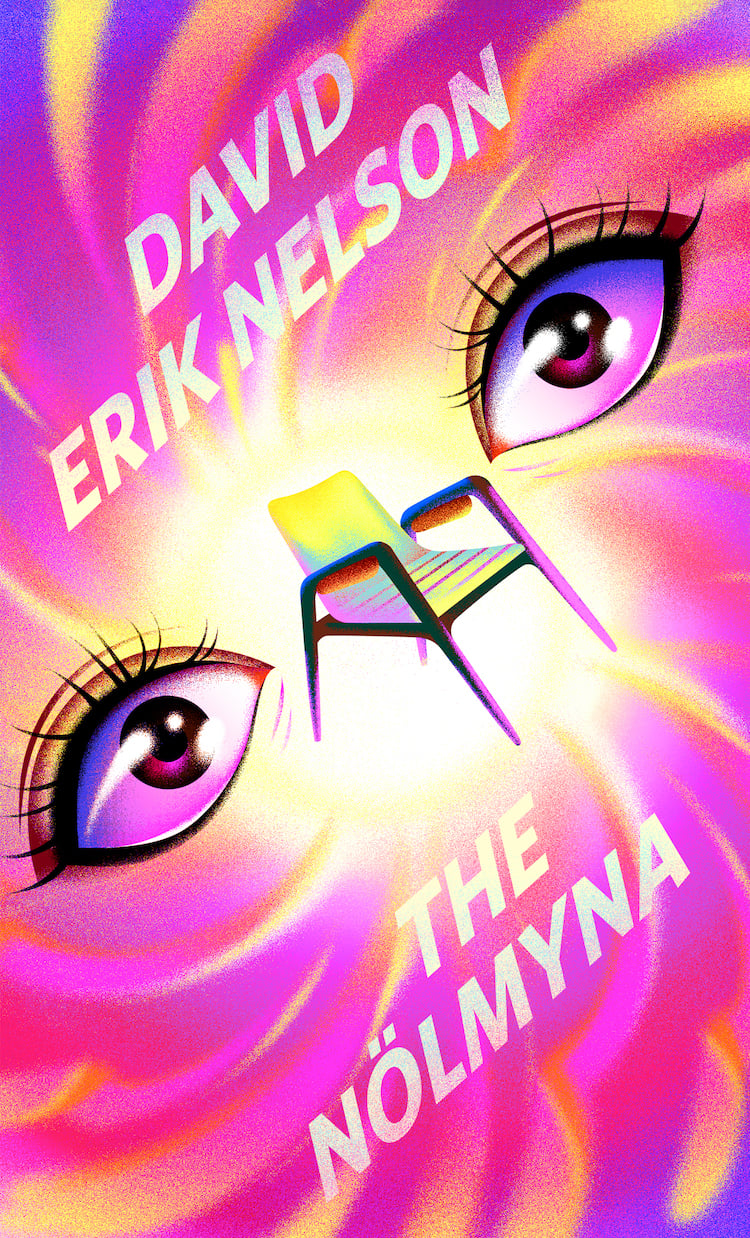 Shocked eyes frame a floating plastic chair against a swirling, pink, blue, and yellow tie-dye background. 