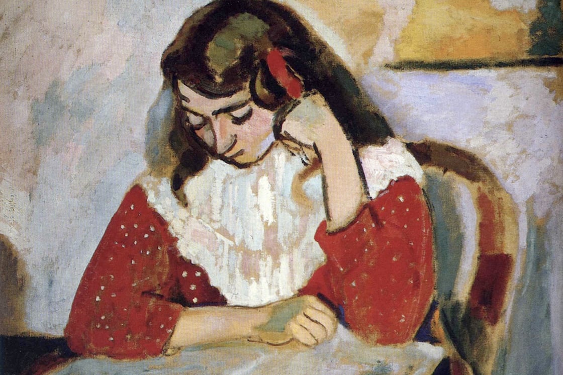 A painting of a girl reading
