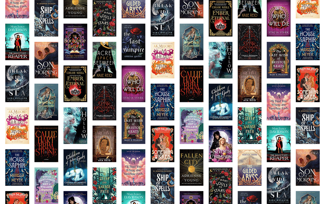 A collage of book covers, including Brimstone, The House Saphir, and Ship of Spells