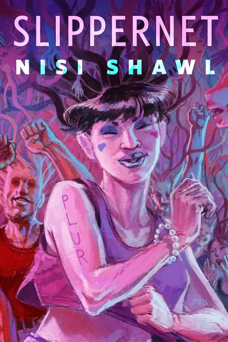 A woman dances in a crowd, vines sprouting from the heads of each person. Her eyes are closed and she has bright purple and pink makeup; on one arm, you can read the letters PLUR. "Slippernet Nisi Shawl" is in large block letters above the image