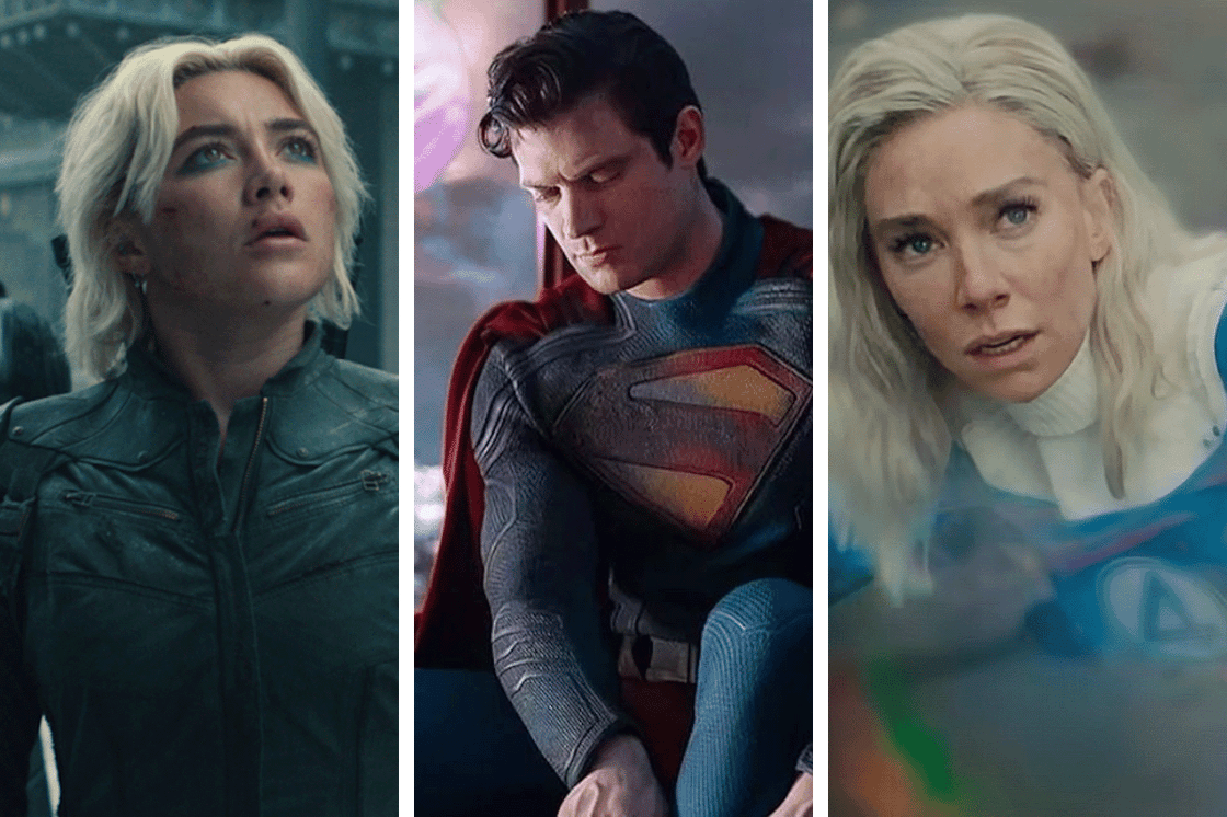 Images from three superhero movies released in 2025: Florence Pugh in Thunderbolts; David Corenswet in Superman; Vanessa Kirby in The Fantastic Four: First Steps