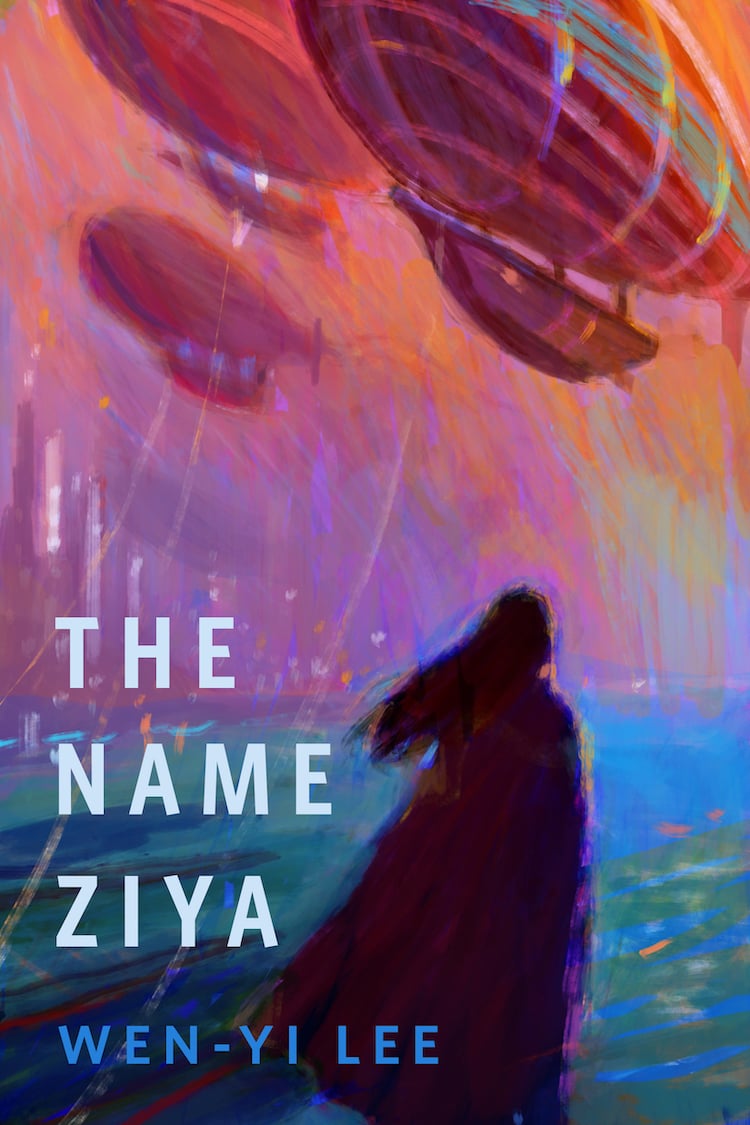 A figure with long hair looks, back turned, towards three large blimps floating above her head. The sky is bright purple and orange, the ocean below murky blue and green. "The Name Ziya Wen-yi Lee" is in large block letters in the bottom left of the image