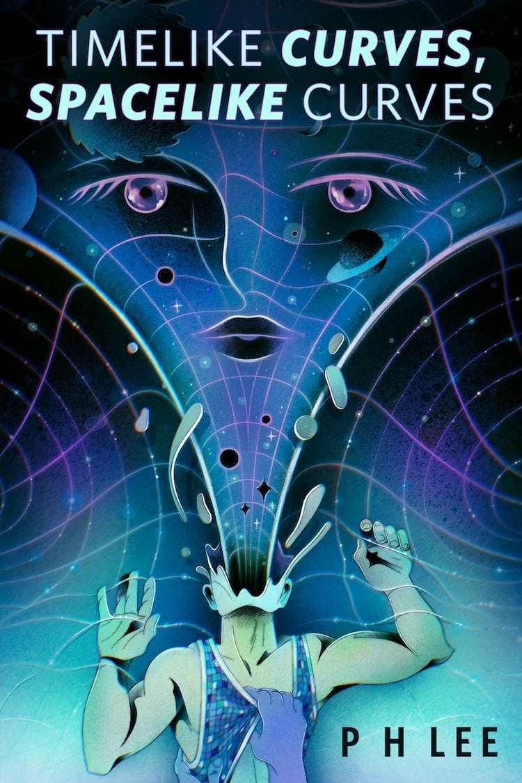 A face with large eyes and lips bursts from the head of a muscular figure; the figure clings to lines of a grid around them, with a hand yanking down his tank top