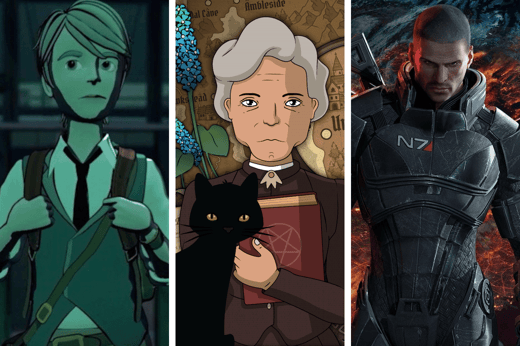 A triptych of video game screenshots, from Blue Prince, Strange Horticulture, and Mass Effect