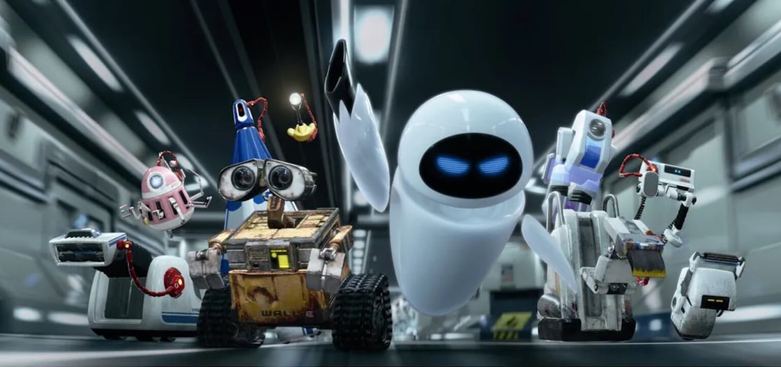 The Axiom's robots charging down the corridor with Wall-E and EVE in Pixar's Wall-E