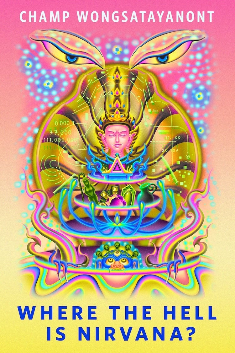 A rainbow, pyschedelic-style image of a Buddhist deba smirking above a group of symbols and the top of a temple. Eyes peer above him while a demon emerges from below. 