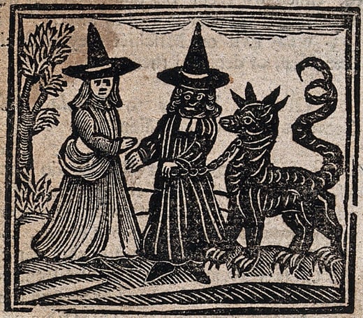 A print illustration of two witches herding a draconic creature on a leash