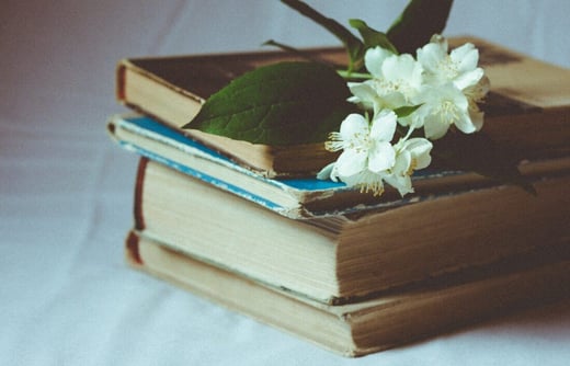 A stack of worn books with white flowers