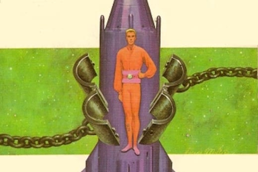 A man in orange robes sheds iron manacles in front of a purple spaceship