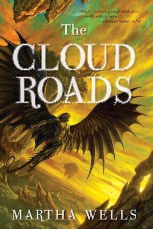 The cover for The Cloud Roads by Martha Wells, featuring a winged humanlike figure over a vast fantastical landscape and yellow sky