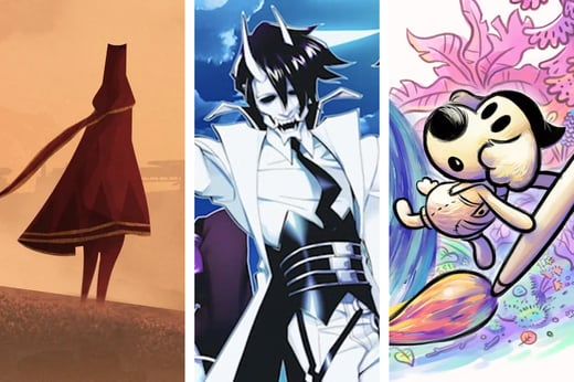 Three different video games: Neon White, Chicory, and Journey