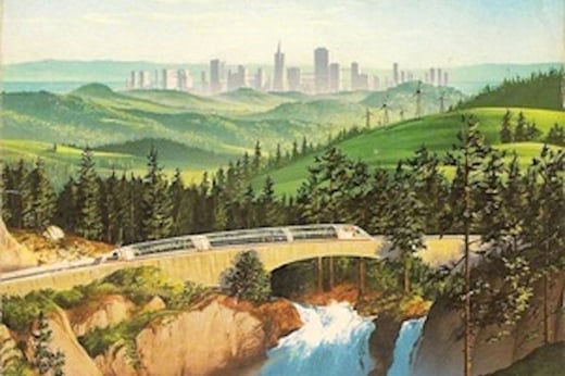 A painting of an idyllic scene. A train passes over a waterfall, and a city sits behind rolling hills in the background