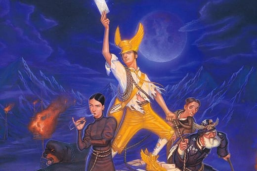 The cover of Terry Pratchett's Going Postal, art by Paul Kidby. Hermes in golden clothes holds a letter aloft, surrounded by two men, a rottweiler, and a smoking woman