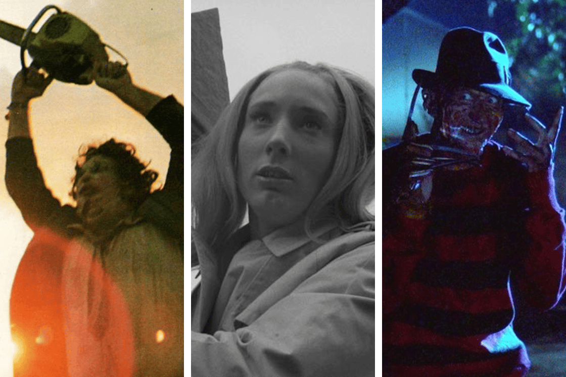 Images from three classic horror movies: The Texas Chainsaw Massacre; Night of the Living Dead; A Nightmare on Elm Street