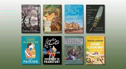 A spread of 8 book covers, including The Pair by Casey McQuiston; Home Cooking by Laurie Colwin; and Passenger to Frankfurt by Agatha Christie