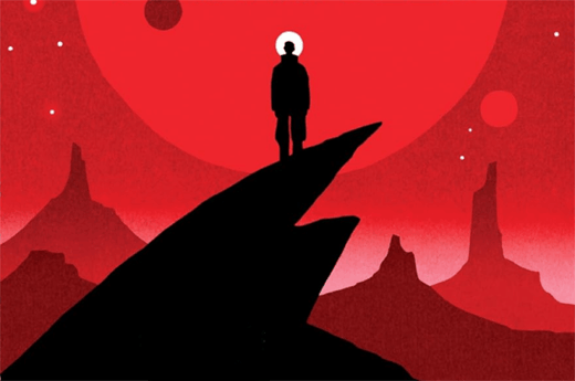 The cover of Ray Bradbury's Martian Chronicles; a figure stands on a rocky outcropping, observing the Martian landscape
