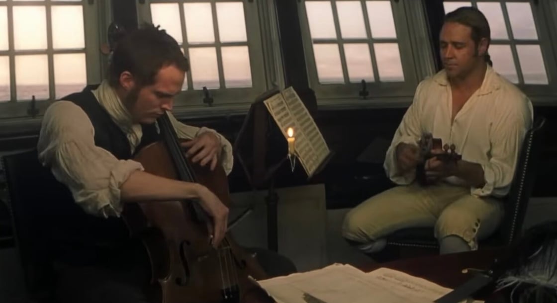 Aubrey (Russell Crowe) and Maturin (Paul Bettany) playing a little duet in Master and Commander