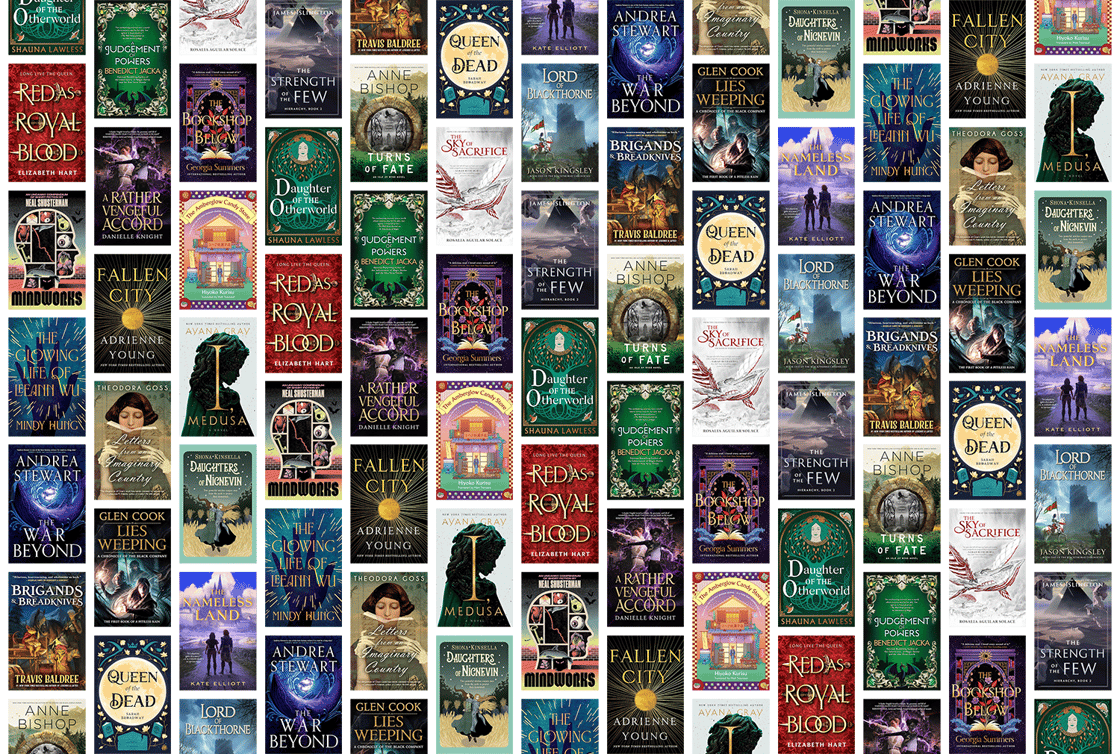 A collage of book covers, including Fallen City, The War Beyond, and Red As Royal Blood
