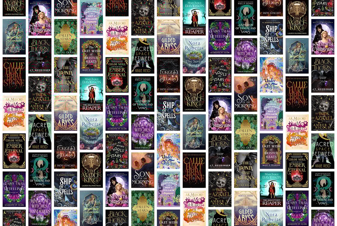 A collage of book covers, including The Gilded Abyss, The Book of Azrael, and Ship of Spells