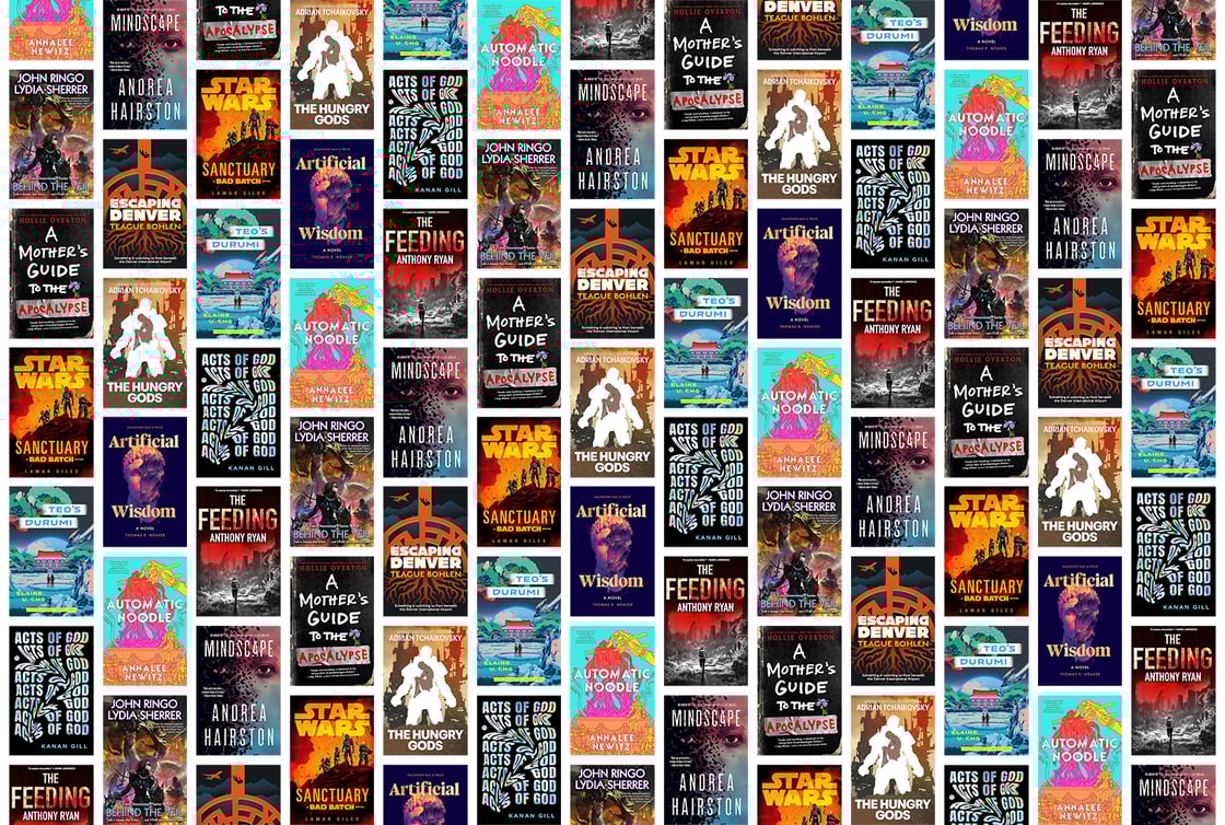 A collage of book covers, including A Mother's Guide to the Apocalpyse; Sanctuary; and Automatic Noodle