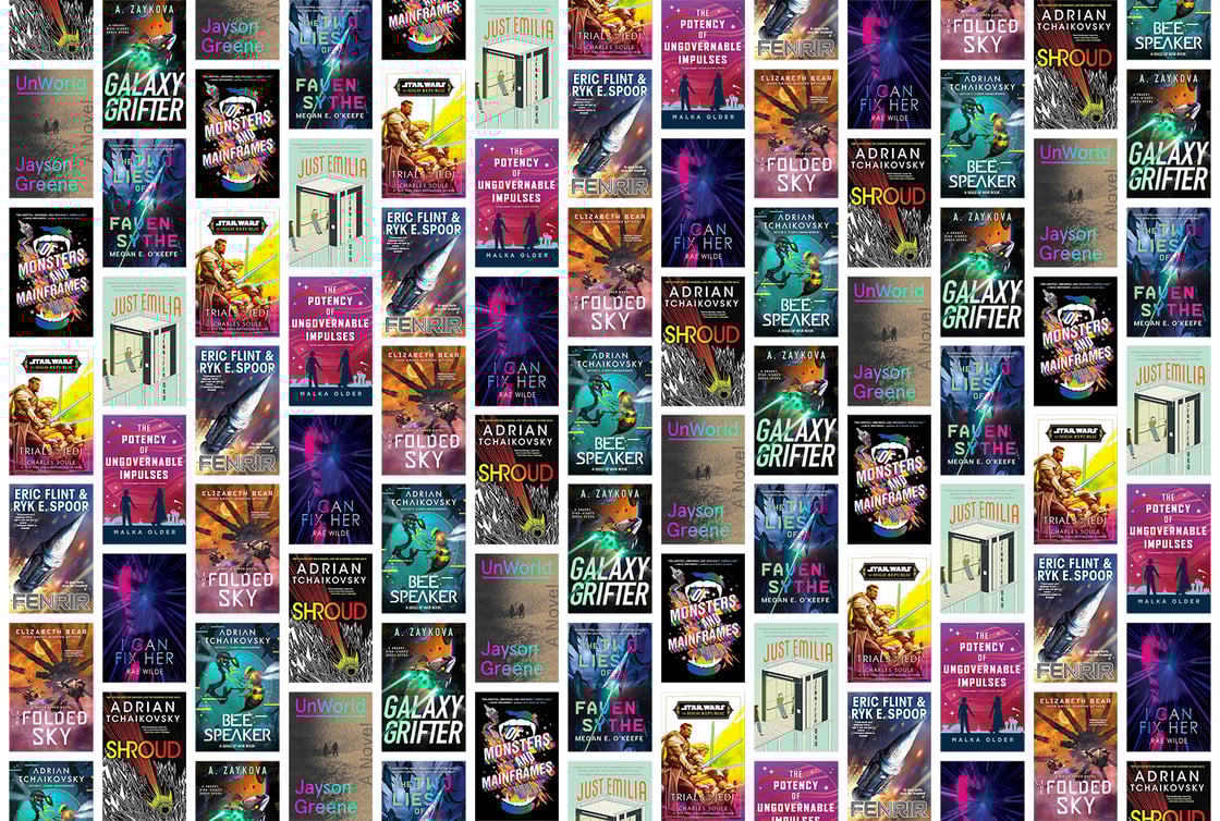 A collage of book covers, including Galaxy Grifter, Shroad, and Folded Sky