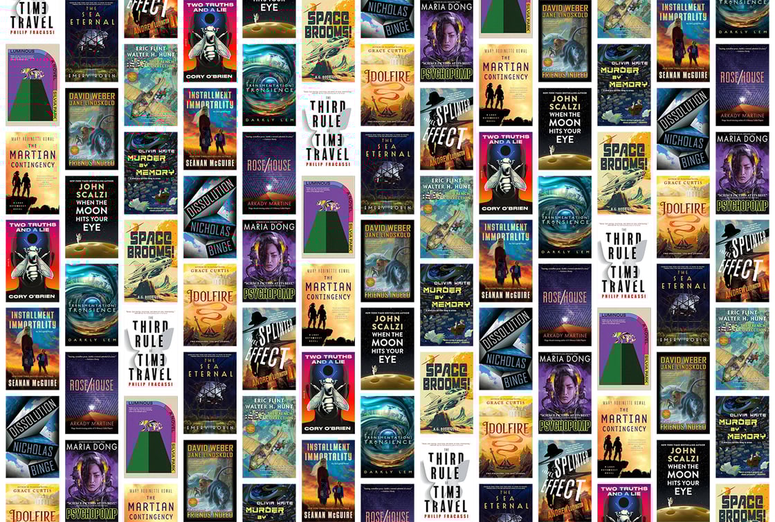 A collage of science fiction book covers, including The Martian Contingency, Splinter Effect, and The Third Rule of Time Travel