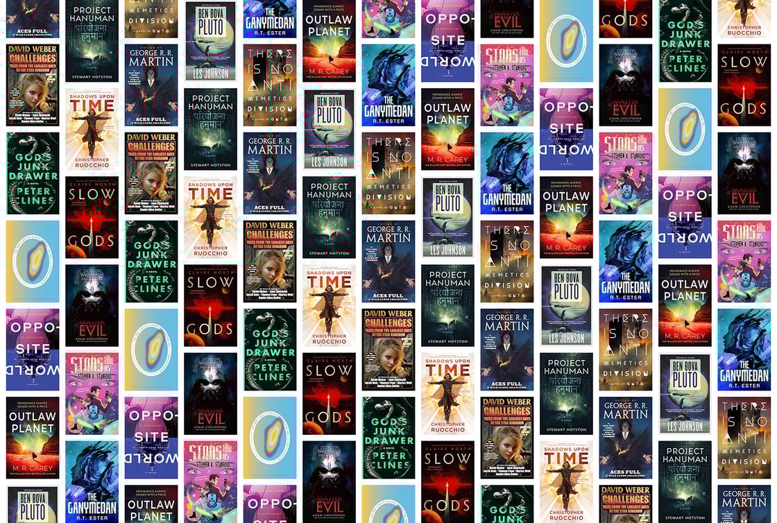 A collage of book covers including Slow Gods, Opposite World, and Project Hanuman