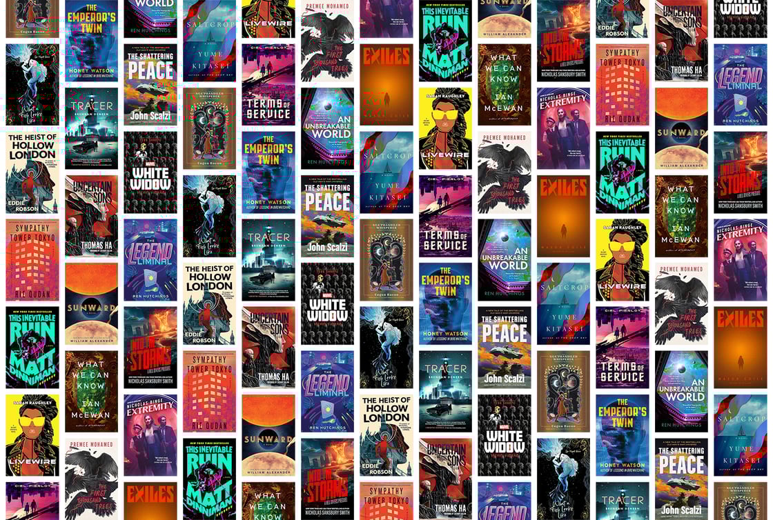 A collage of book covers including The Shattering Peace; The Emperor's Twin; and Sympathy Tower Tokyo