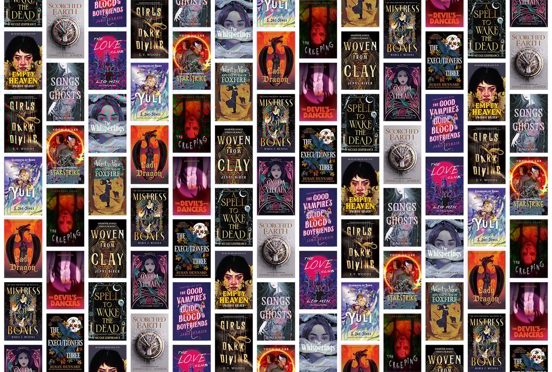 A collage of book covers, including Woven From Clay; Lady Dragon; and The Creeping