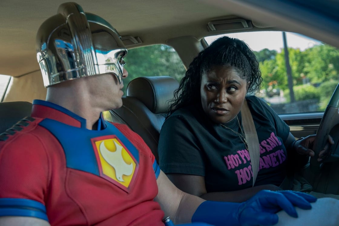 Peacemaker and Adebayo talking in her car before she drops him off at the Justice gang interview in Peacemaker S02E01