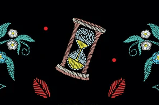 Detail from the cover of The Psychology of Time Travel; a stitched half-empty hourglass
