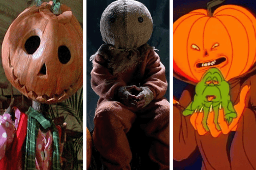 Images of pumpkin-headed characters from three movies/tv shows: Jack Pumpkinhead in Return to Oz; Sam in Trick r Treat; Samhain in The Real Ghostbusters