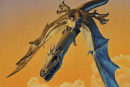Detail from the cover of Riverrun by SP Somtow; art by Tim White. A boy sits on the back of a flying dragon